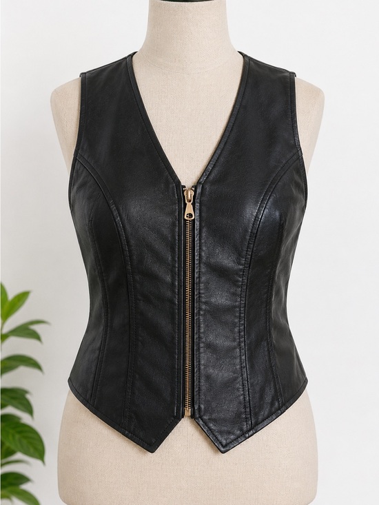 Styleworks Jackets & Blazers - Black Faux Leather Zip-Front Vest Moto Biker Punk Evening